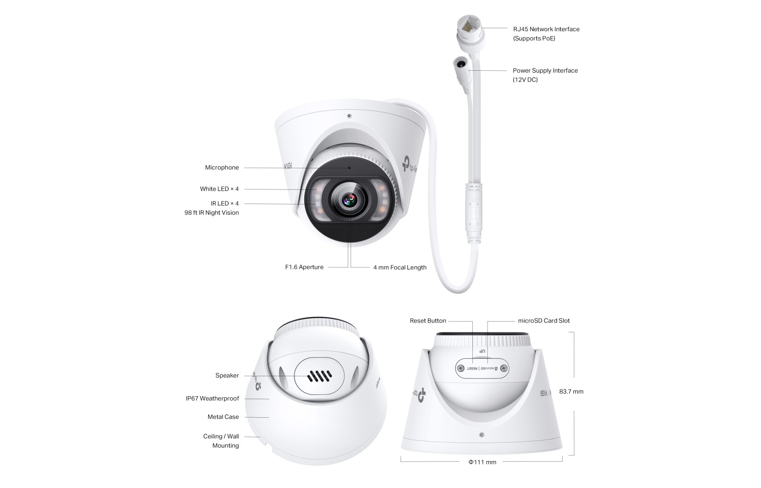 Caméra VIGI 8 MP Full-Color de type « turret » avec image en couleur 24 h/24, 7 j/7